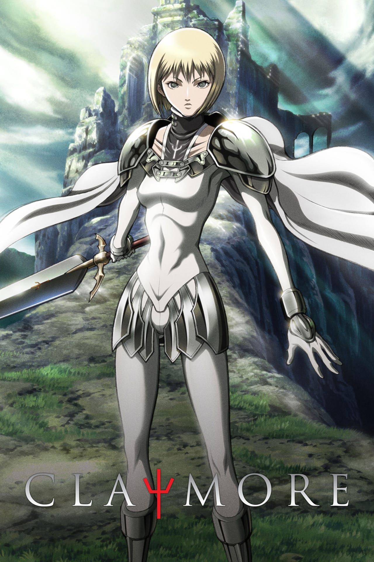 The poster for the anime Claymore depicts Clare holding her sword while standing on a rocky path leading up to a castle.