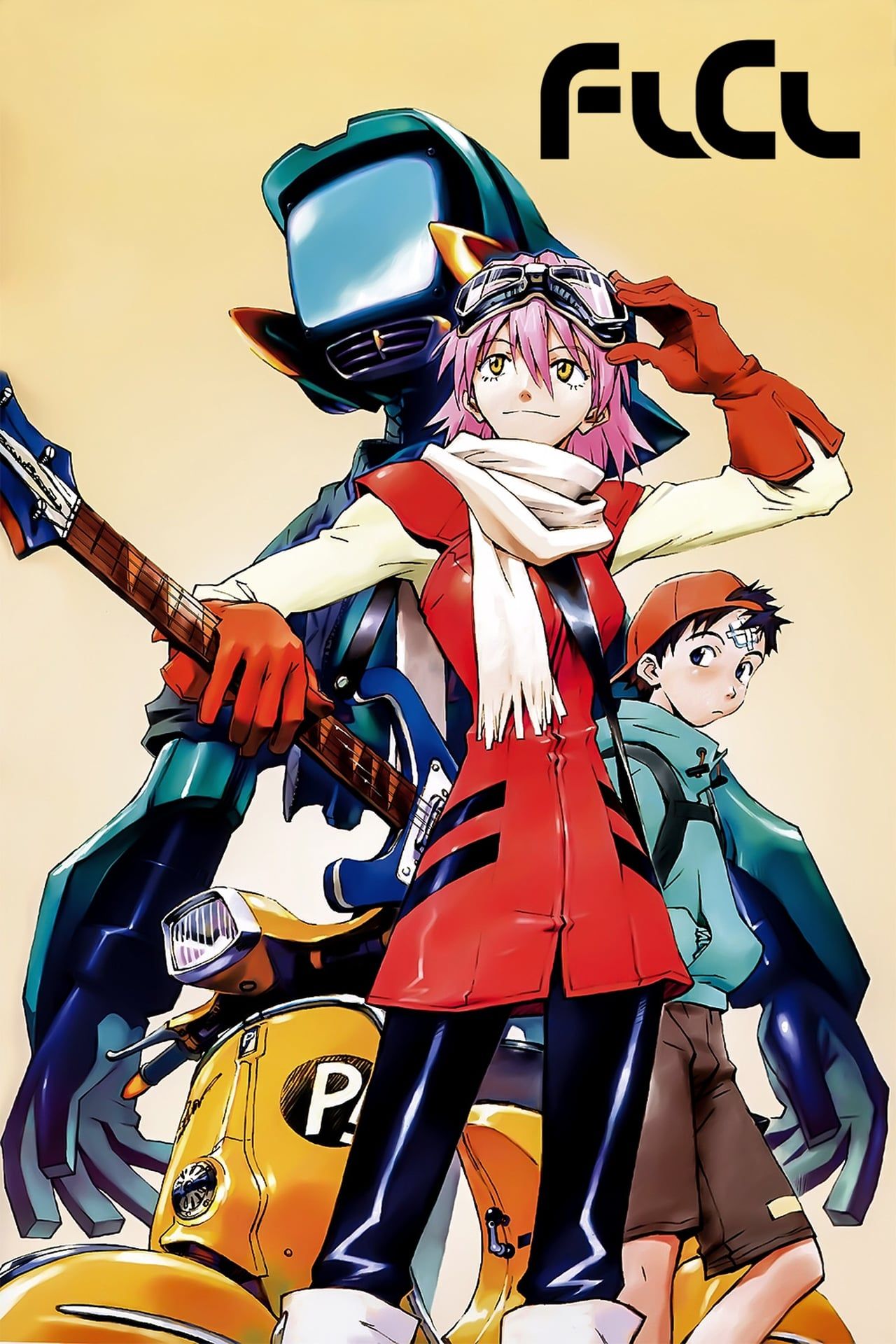 The cover for Fooly Cooly prominently shows Haruko Haruhara standing confidently while other characters from the anime, such as Naota Nandaba, stand behind her.