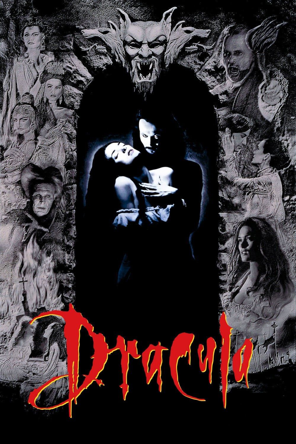 Various figures are depicted in gray while a woman faints into the arms of a man on the poster for Bram Stoker's Dracula (1992).