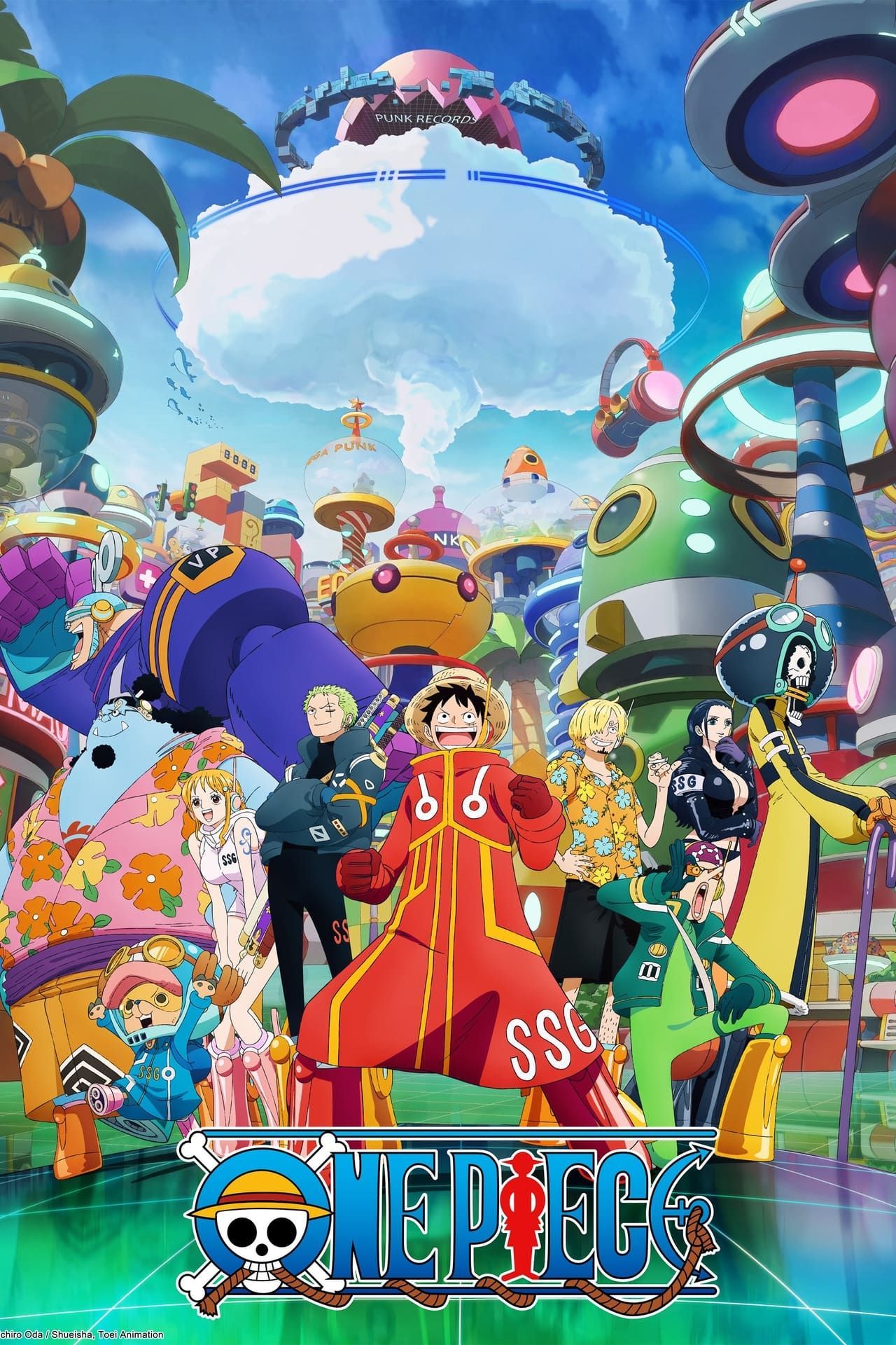 The poster for One Piece shows the Straw Hat Pirates, including Monkey D. Luffy, Sanji, Roronoa Zoro, Usopp, Nico Robin, Nami, Tony Tony Chopper, Brook, Jinbei and Franky, on Egghead Island.