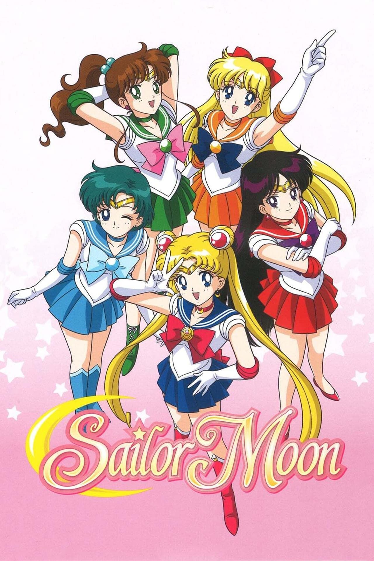 Sailor Moon, Sailor Mars, Sailor Venus, Sailor Jupiter and Sailor Mercury are smiling on the poster for the Sailor Moon anime.