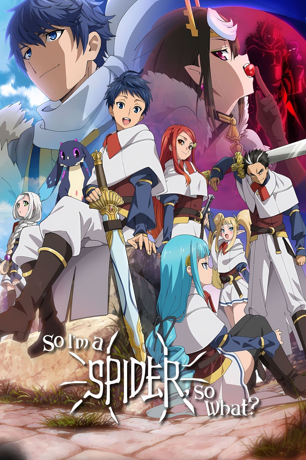 The poster for So I'm a Spider, So What? various characters sitting and standing on rocky terrain.