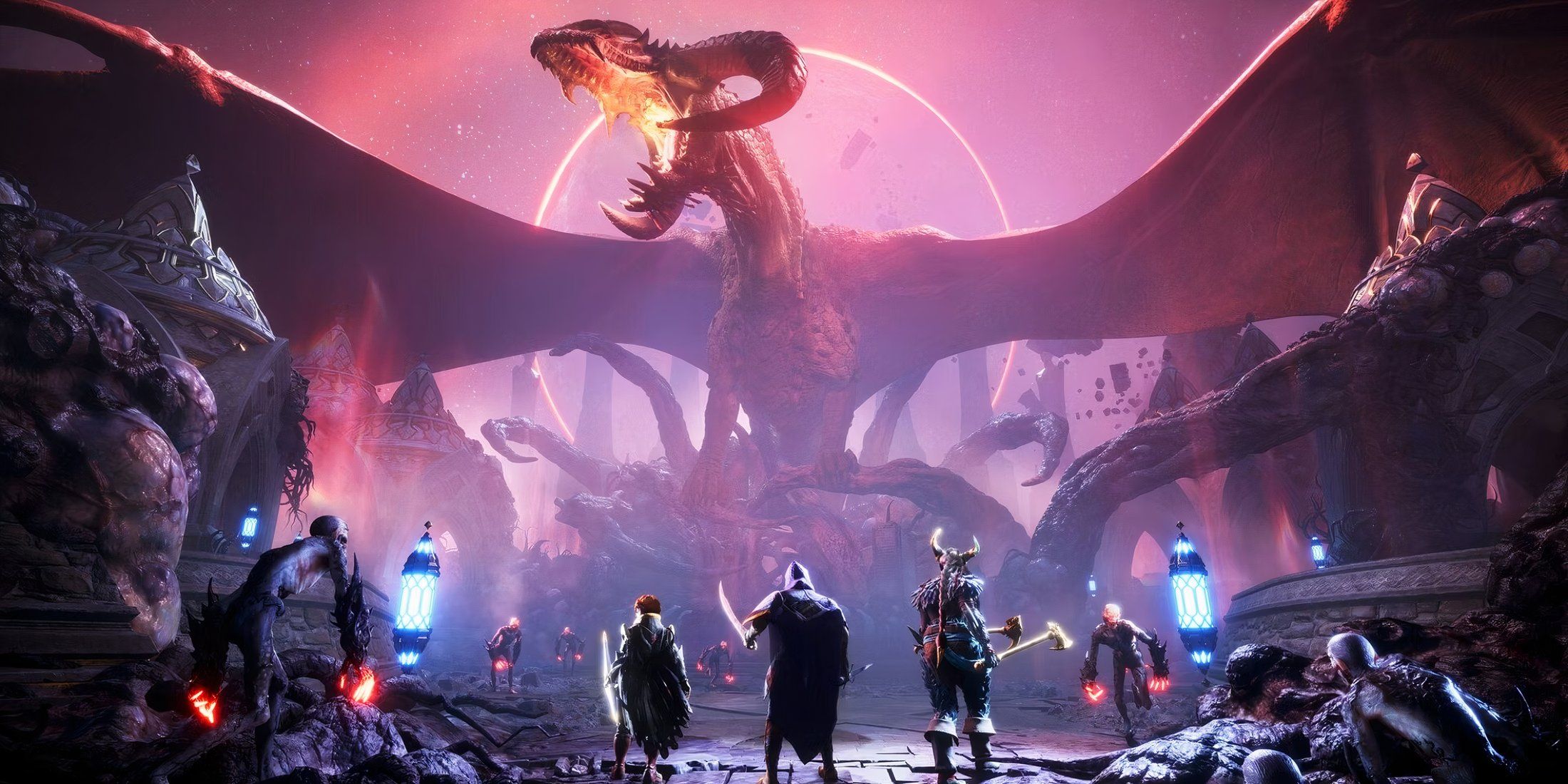 Dragon Age: The Veilguard party members stand among dark spawn in front of a roaring red dragon