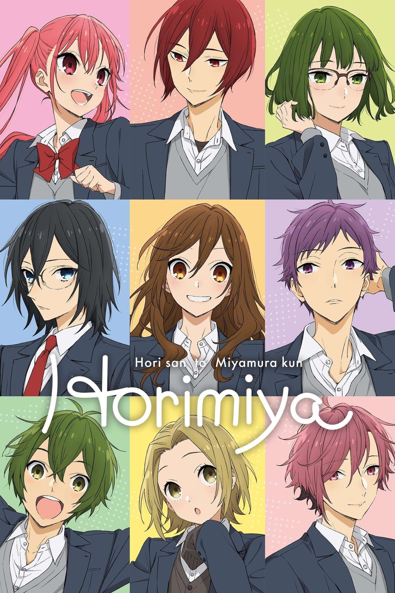 Many characters from Horimiya, some of which include Izumi Miyamura and Kyouko Hori, are in a three-by-three grid on the poster of Horimiya.