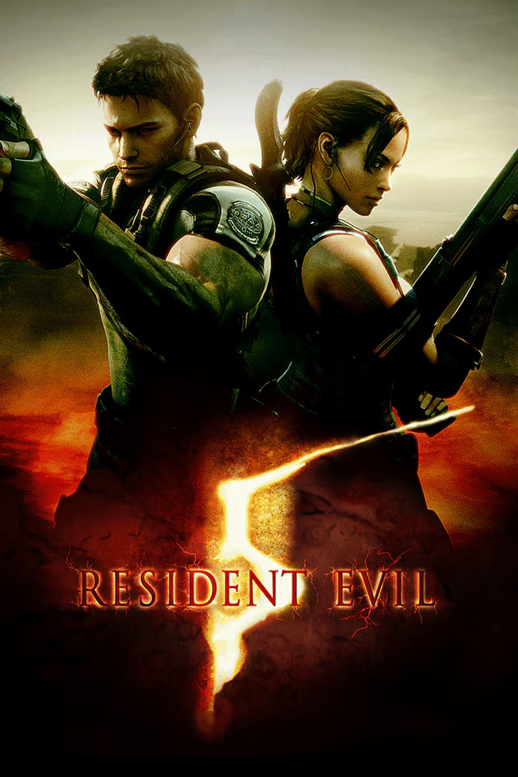 El póster de Resident Evil 5 muestra a Chris Redfield espalda con espalda con Sheva Alomar mientras ambos empuñan armas.