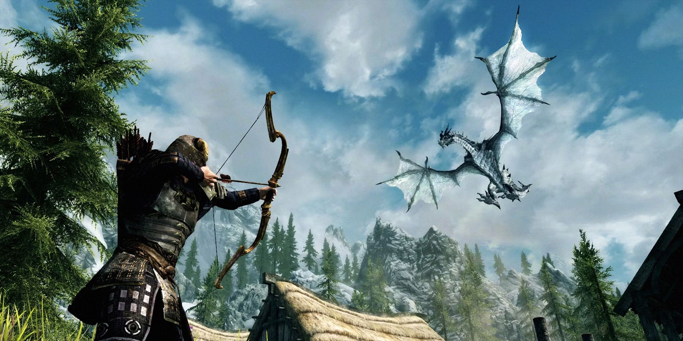The Skyrim protagonist aiming their bow at a flying dragon.