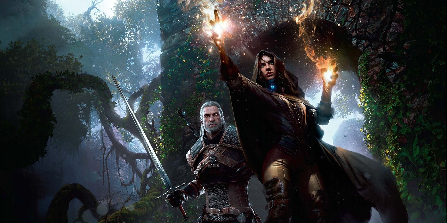 Geralt with his sword at the ready while Yennefer casts magic in The Witcher 3 key art.