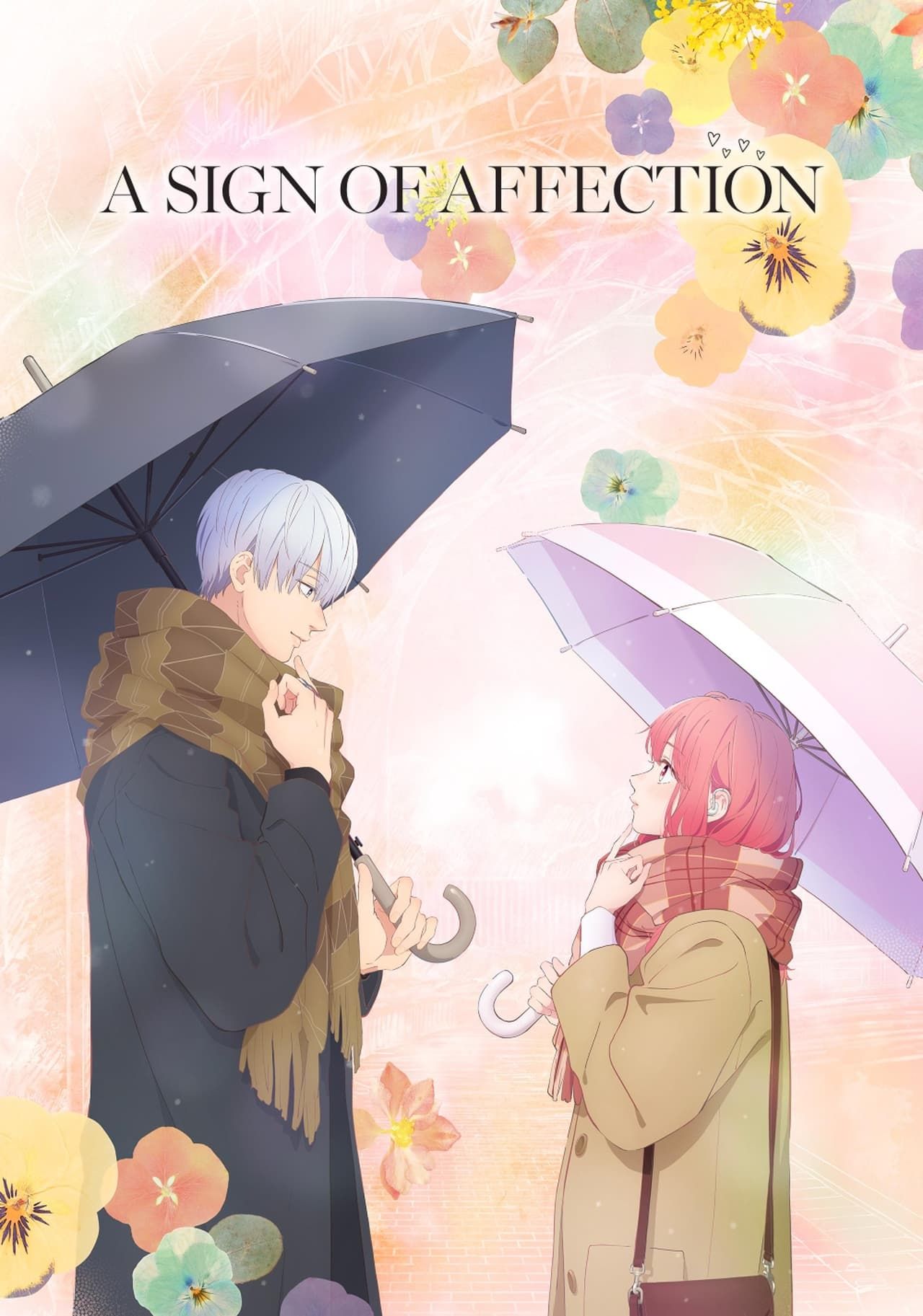 Itsuomi Nagi and Yuki Itose are signing at each other while holding umbrellas in front of a pastel-colred background on the poster for A Sign of Affection.