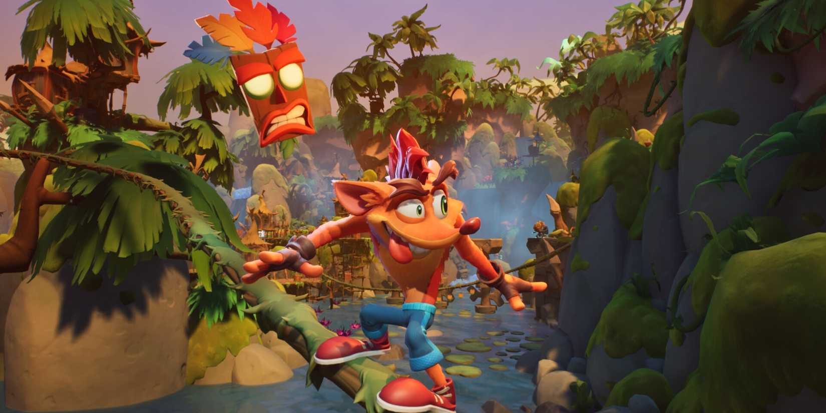 Crash in Crash Bandicoot 4 climbs on a vine in the jungle.