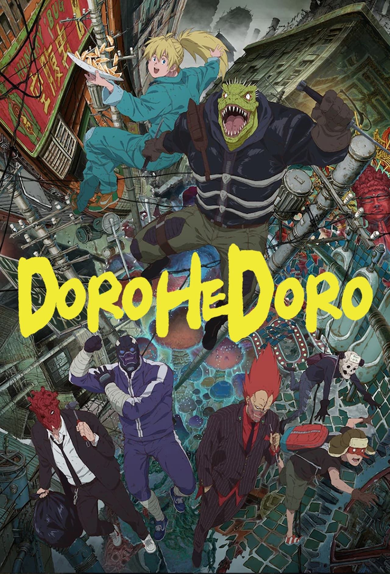 La portada del anime Dorohedoro muestra a Kaiman y Nikaido saltando hacia adelante sobre las cabezas de otros personajes como Shin y Noi.