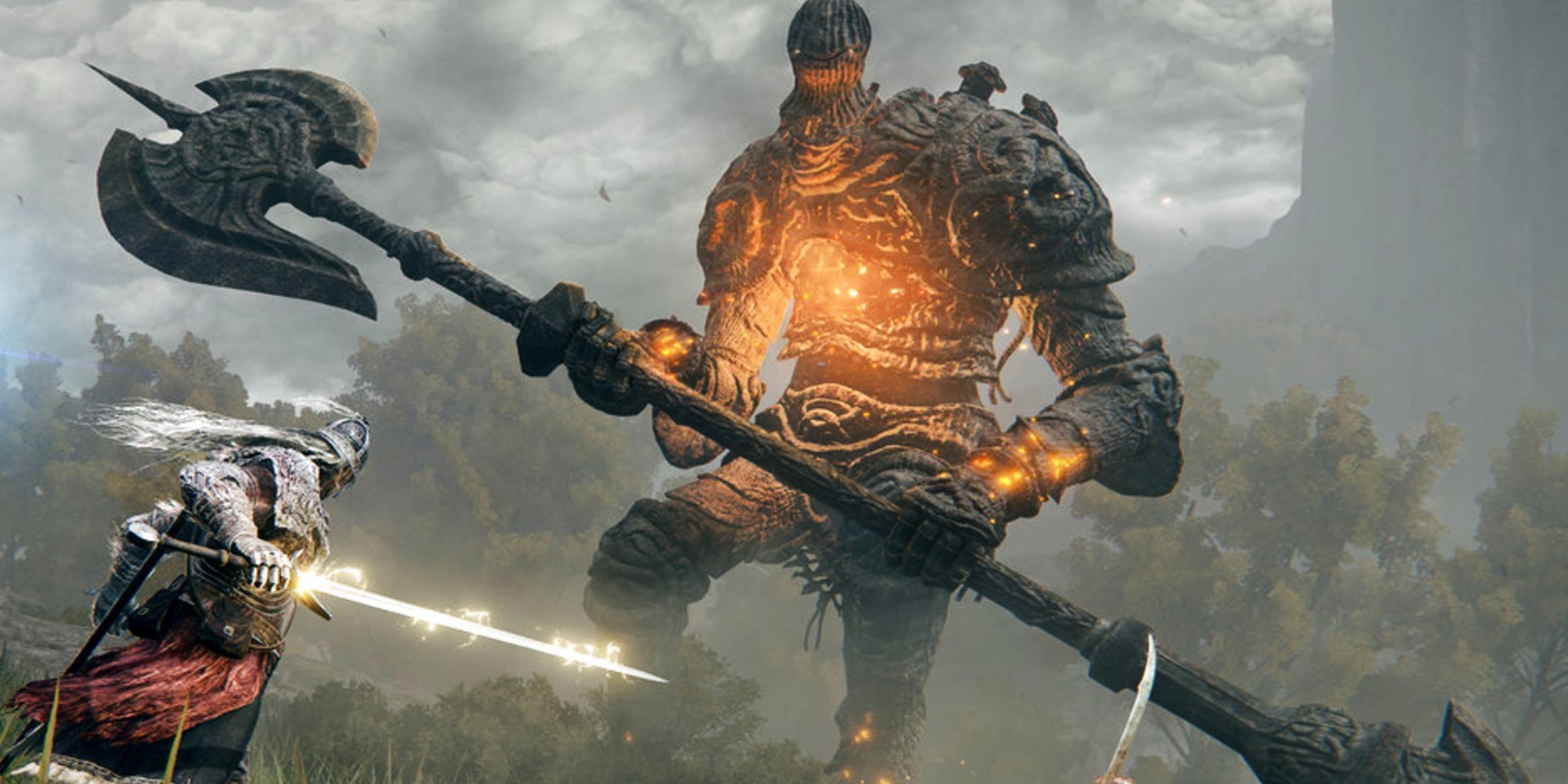 The Elden Ring protagonist preparing for battle against a massive stone enemy.