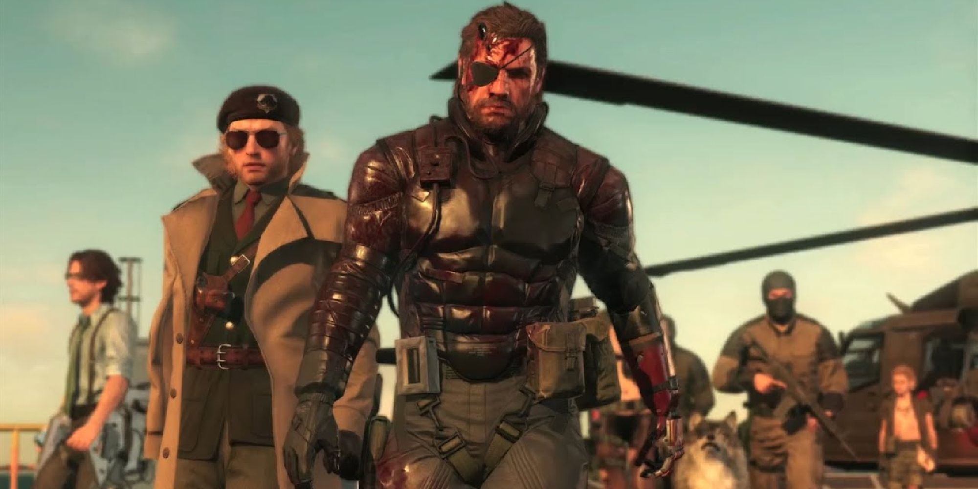Venom Snake leading his crew from the Diamond Dogs in Metal Gear Solid V: The Phantom Pain.