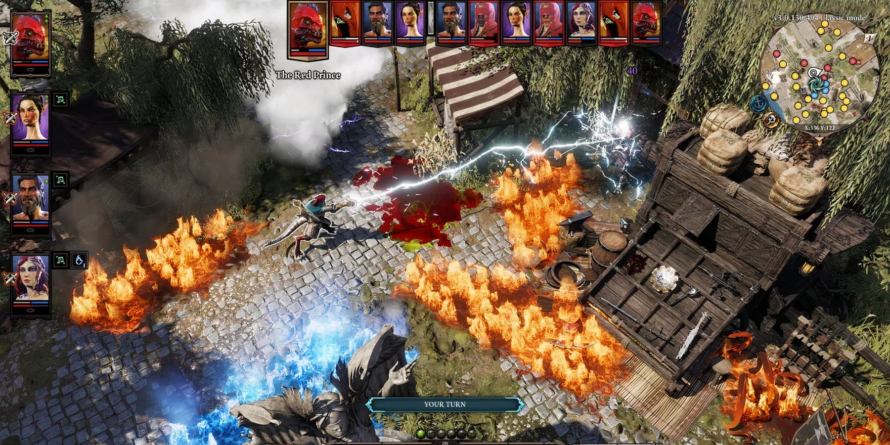 Divinity: Original Sin II gameplay featuring the player casting lightning on a fire and ice-covered battlefield.