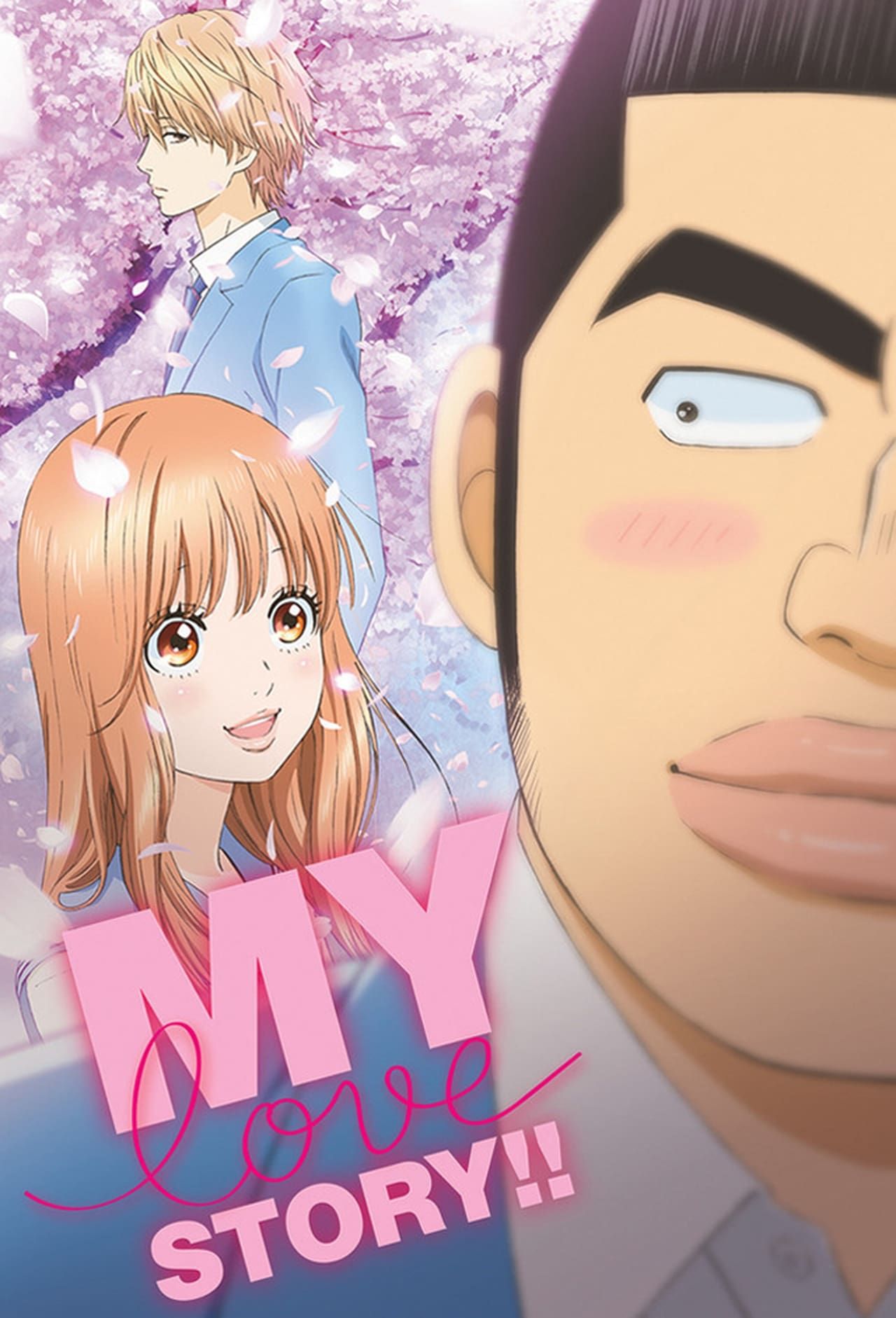 Takeo Goda is blushing while looking back at a smiling Rinko Yamato, who is standing in front of a serious Makoto Sunakawa, on the poster of My Love Story!!