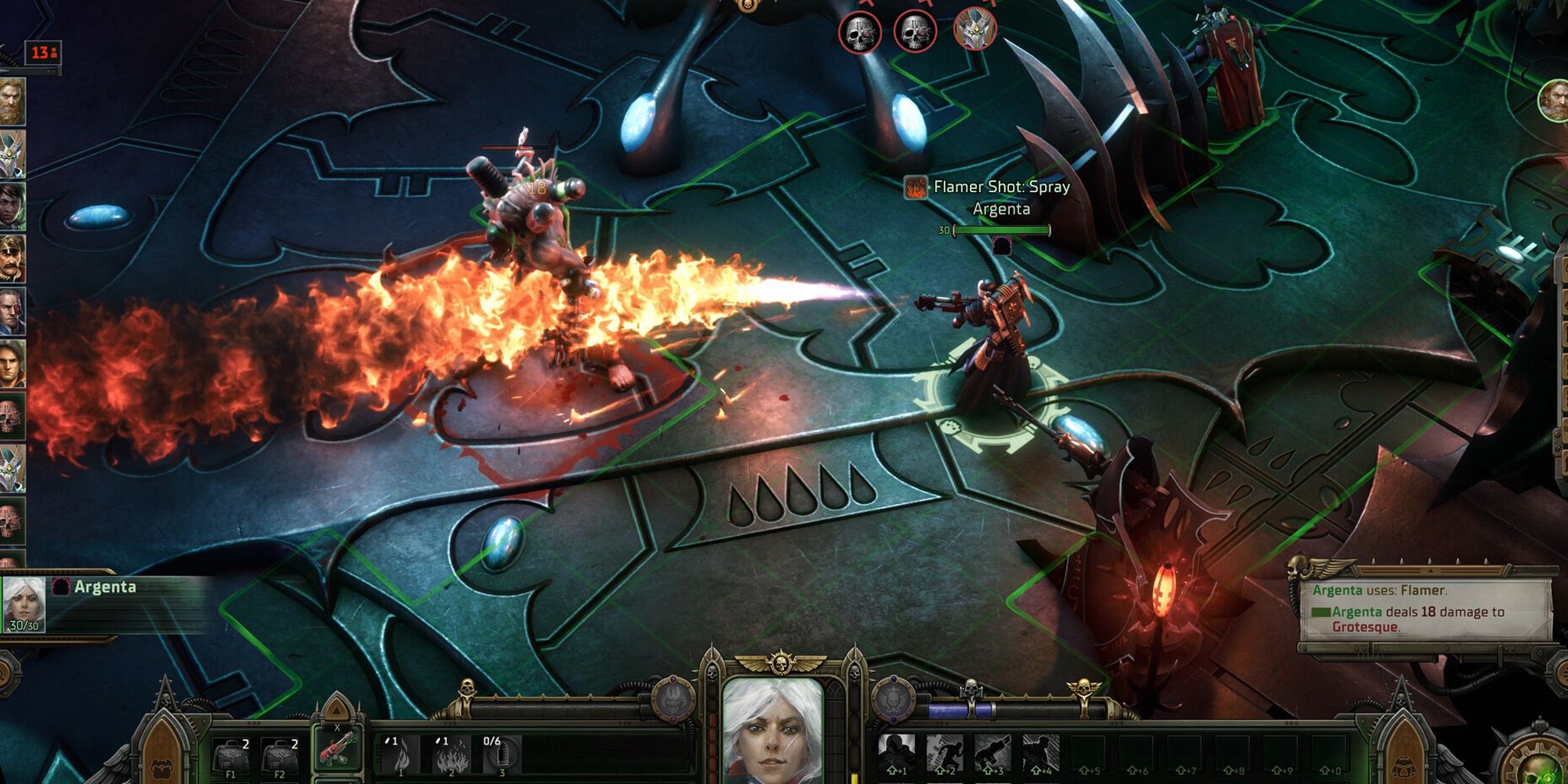 Warhammer 40K: Rogue Trader gameplay with the player firing a flamethrower at an enemy.