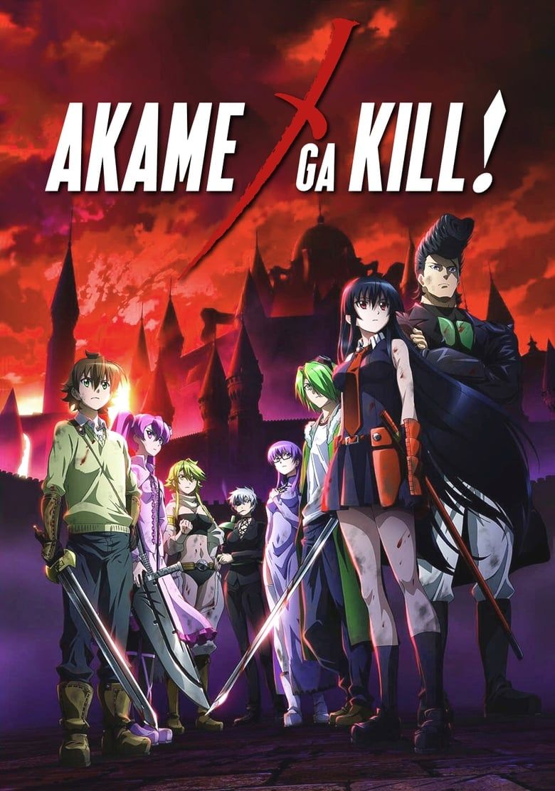 The cast of Akame Ga Kill! Are represented in front of a disturbing castle on the anime poster.