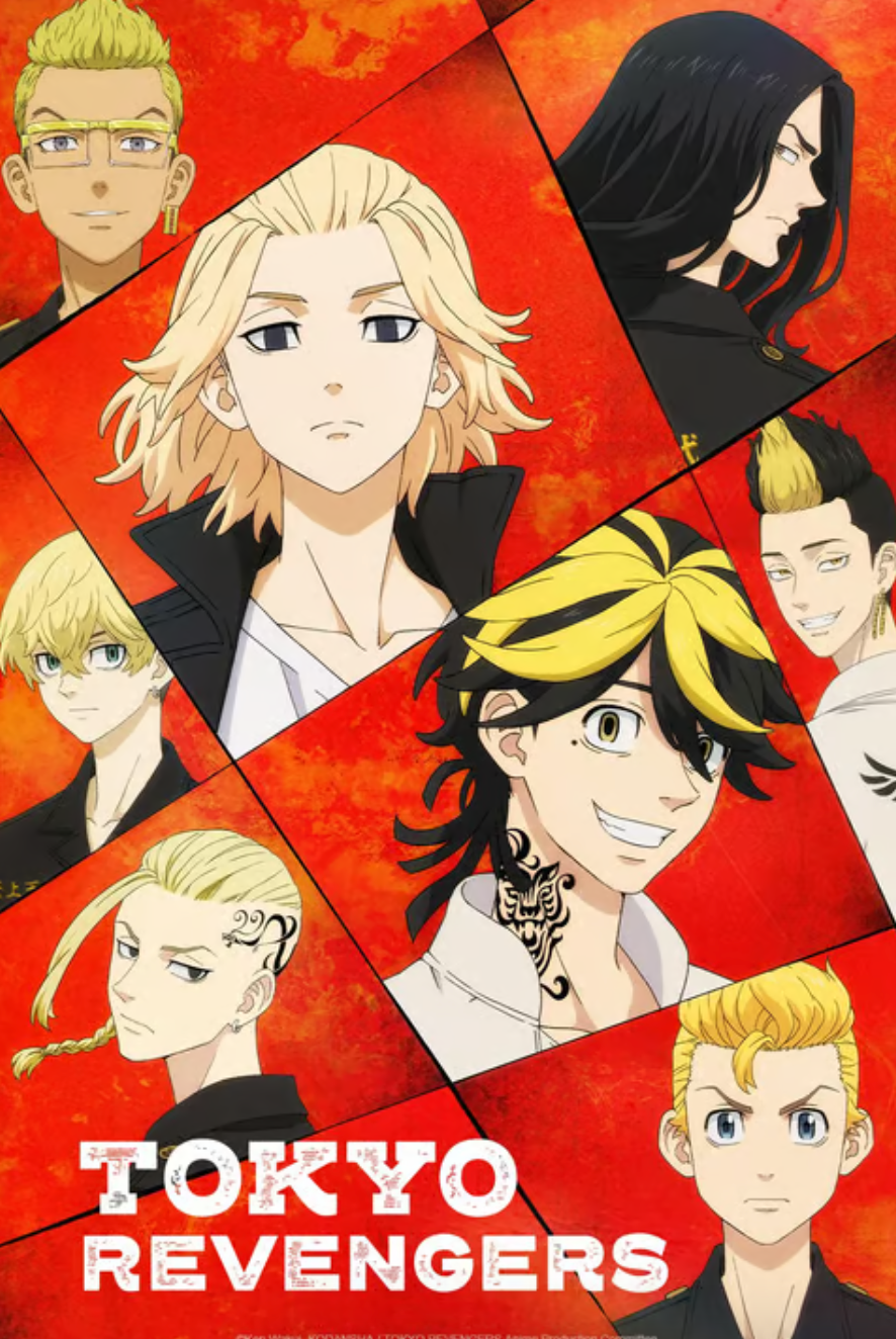 Various characters from Tokyo Revengers, including Takemichi Hanagaki and Manjiro Sano, are presented in different panels of the anime poster.