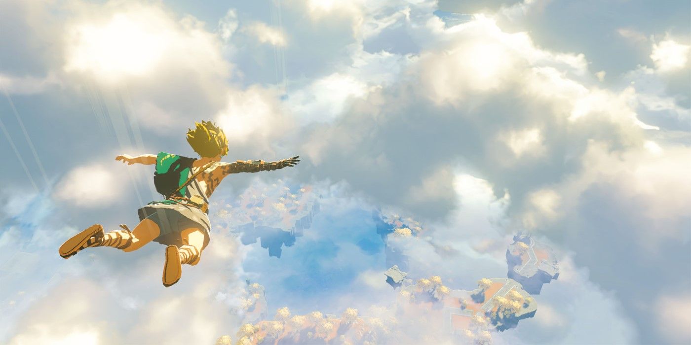 Link caindo das Sky Islands para Hyrule em The Legend of Zelda: Tears of the Kingdom