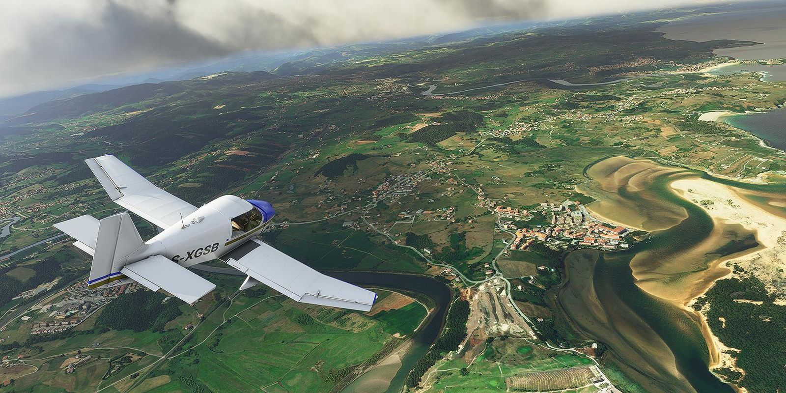 Um avião sobrevoa um mundo de aparência realista no Microsoft Flight Simulator