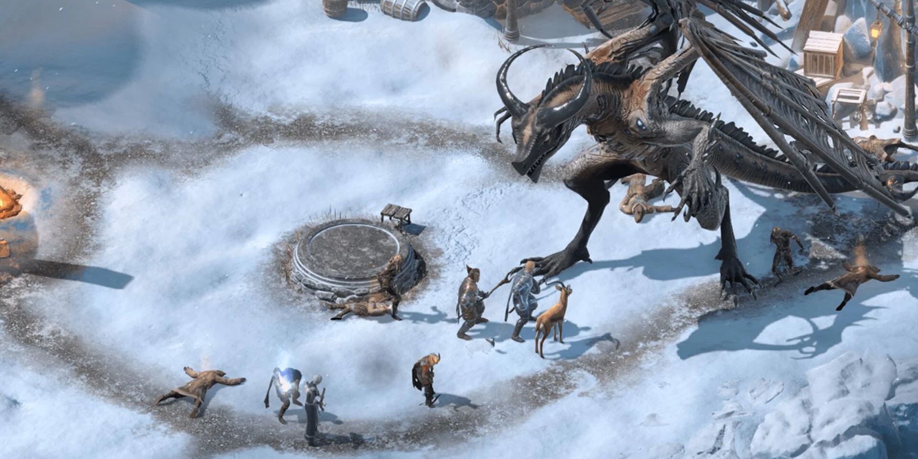 El party del jugador enfrentándose a un dragón en Pillars of Eternity II: Deadfire.