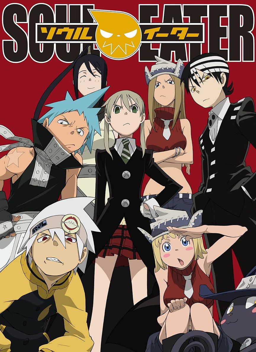 Maka Albarn looks serious as she stands next to other Soul Eater characters, inclusing a scowling Evans, on the anime's poster.