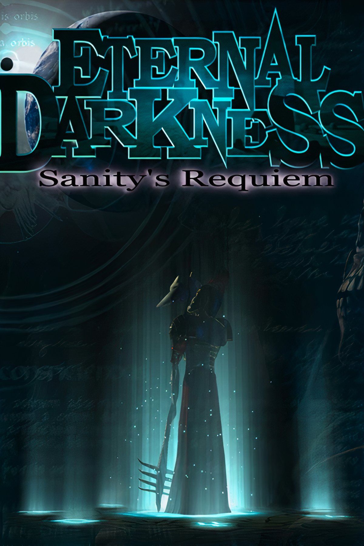 The cover for Eternal Darkness: Sanity's Requiem depicts a shadowed figure holding a weapon while lit from below with a blue light.