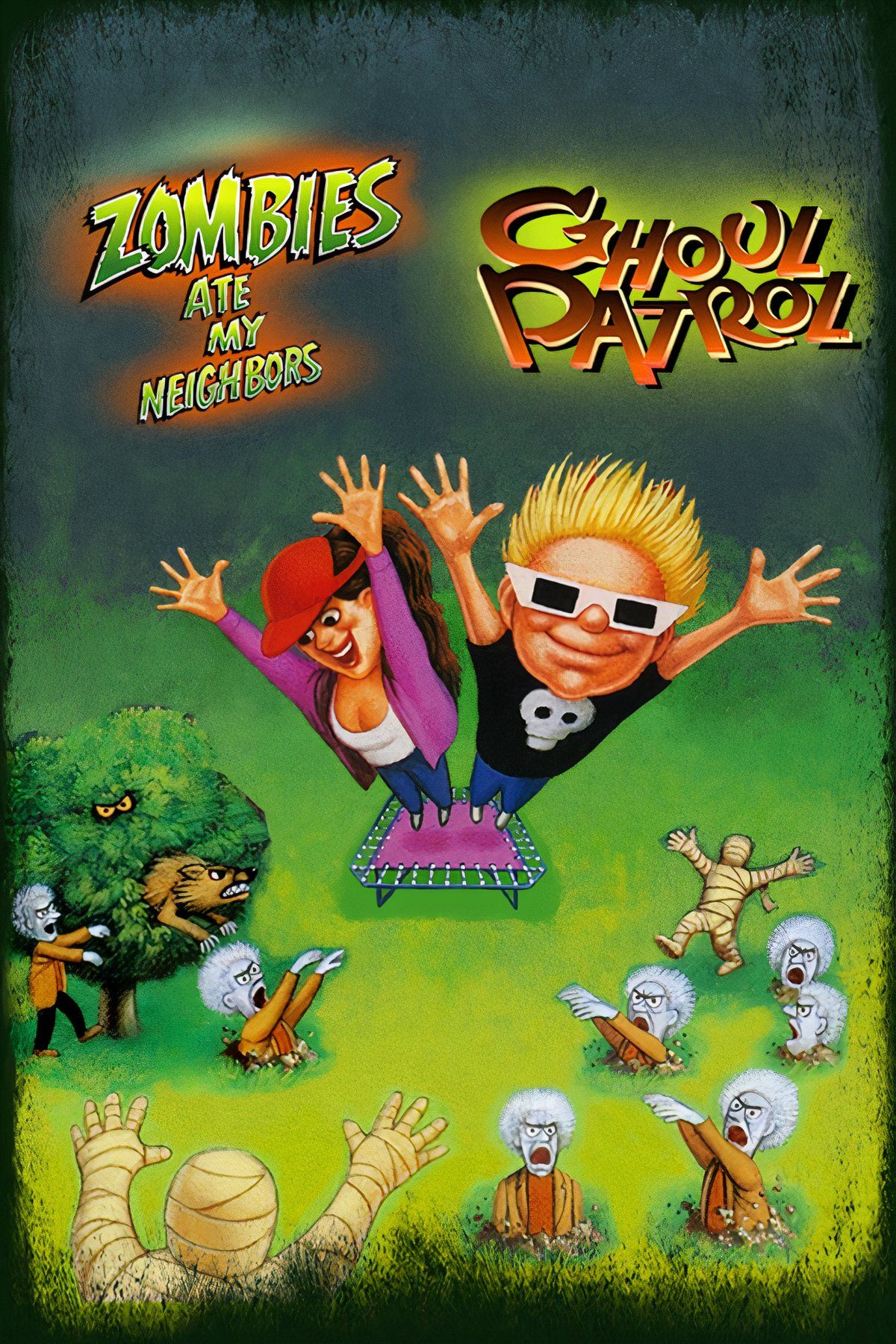 Julie and Zeke are bouncing off of a trampoline to escape various monsters, such as zombies and mummies, on the cover of Zombies Ate My Neighbors.