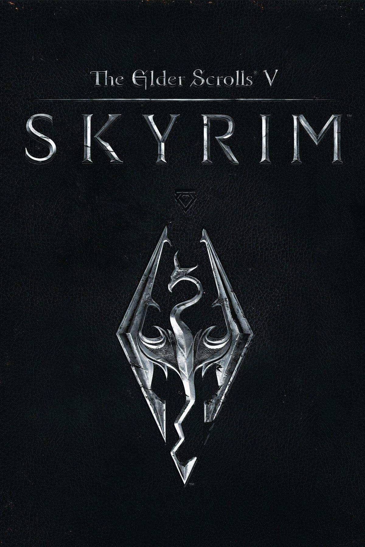 The Skyrim logo of a dragon is depicted in silver beneath the title for The Elder Scrolls V: Skyrim on the game's cover.