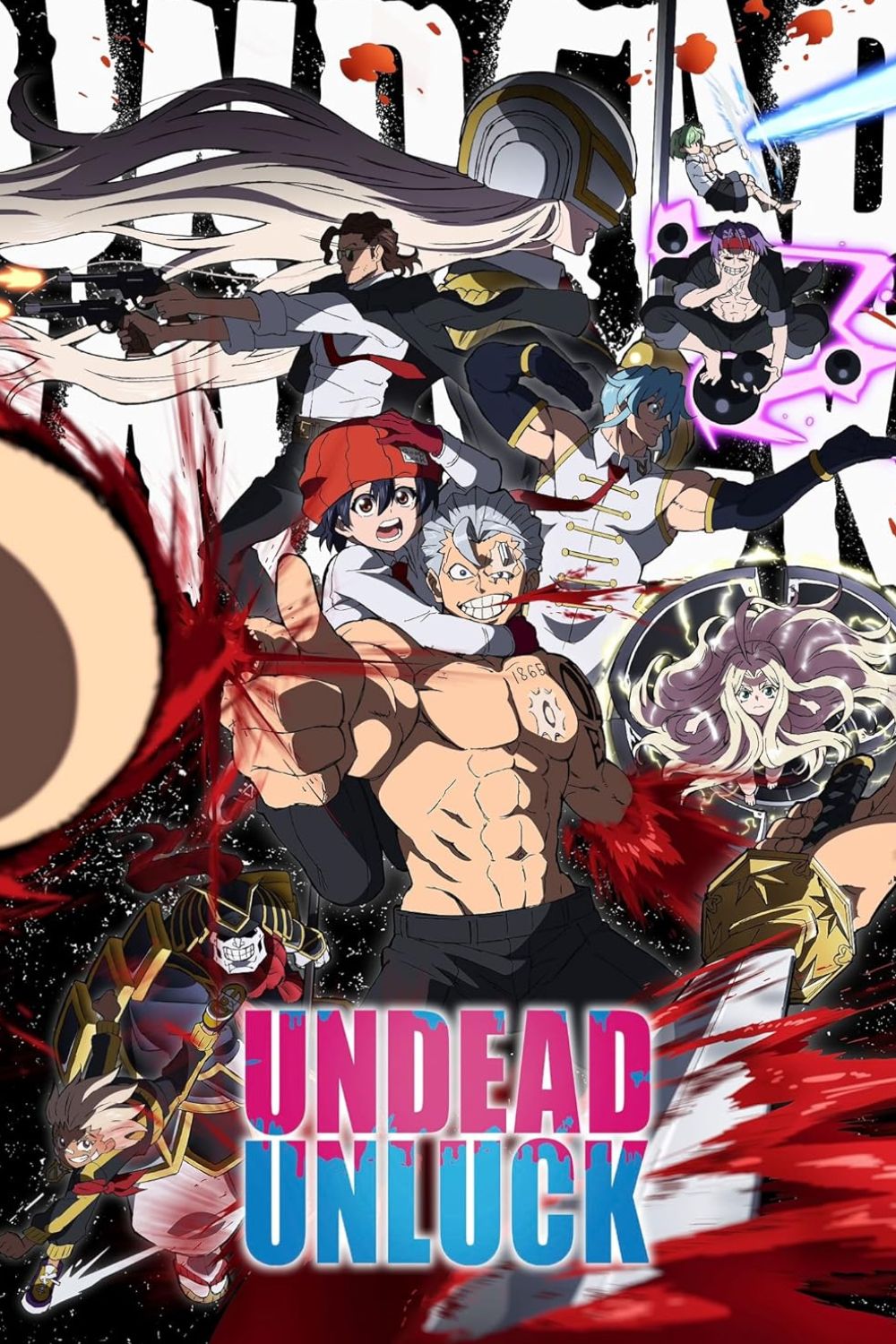 Undead Unfouch's poster depicts Fuko Izumo clinging to Andy's back while he fives his thumb and other characters are in action in the poses around them.