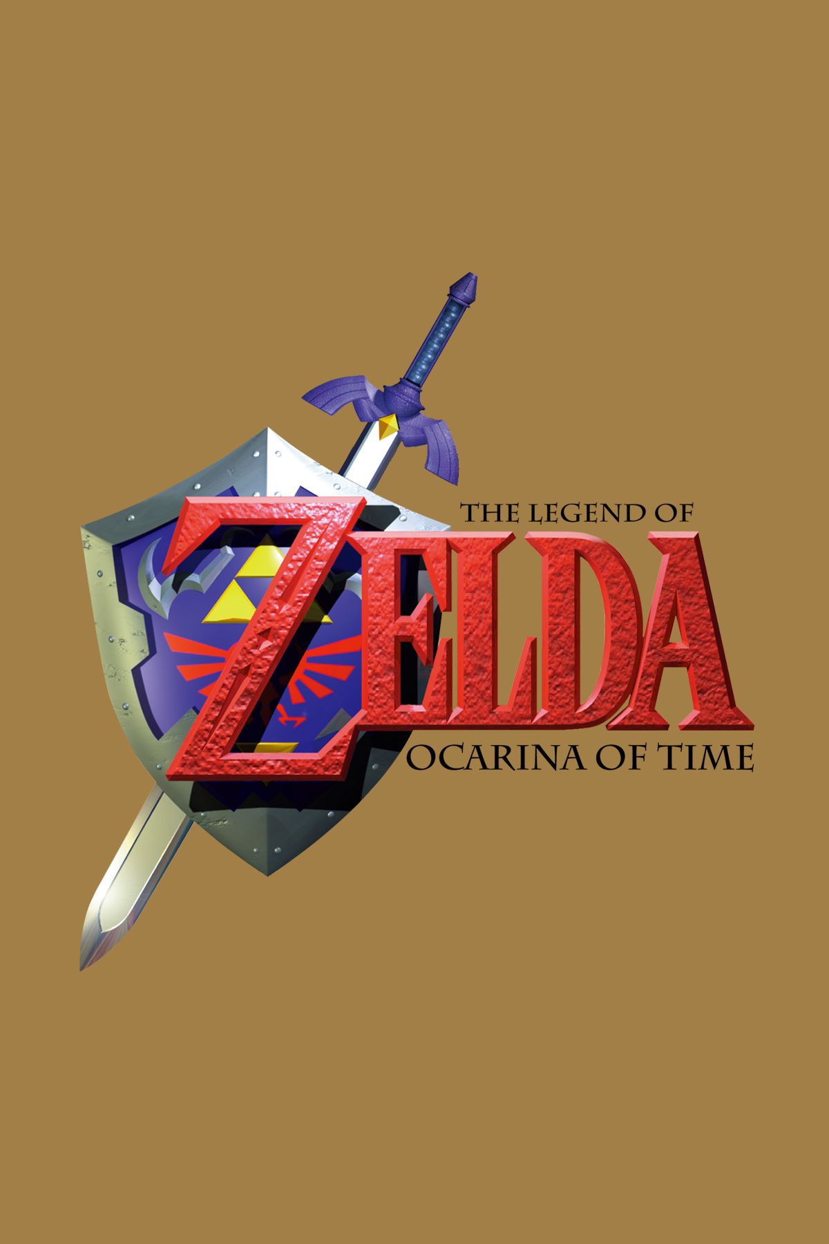 El arte de la caja de The Legend of Zelda: Ocarina of Time muestra a Link montando un caballo mientras otros personajes del juego están detrás de él en siluetas estilizadas de púrpura, azul, verde, amarillo y naranja.