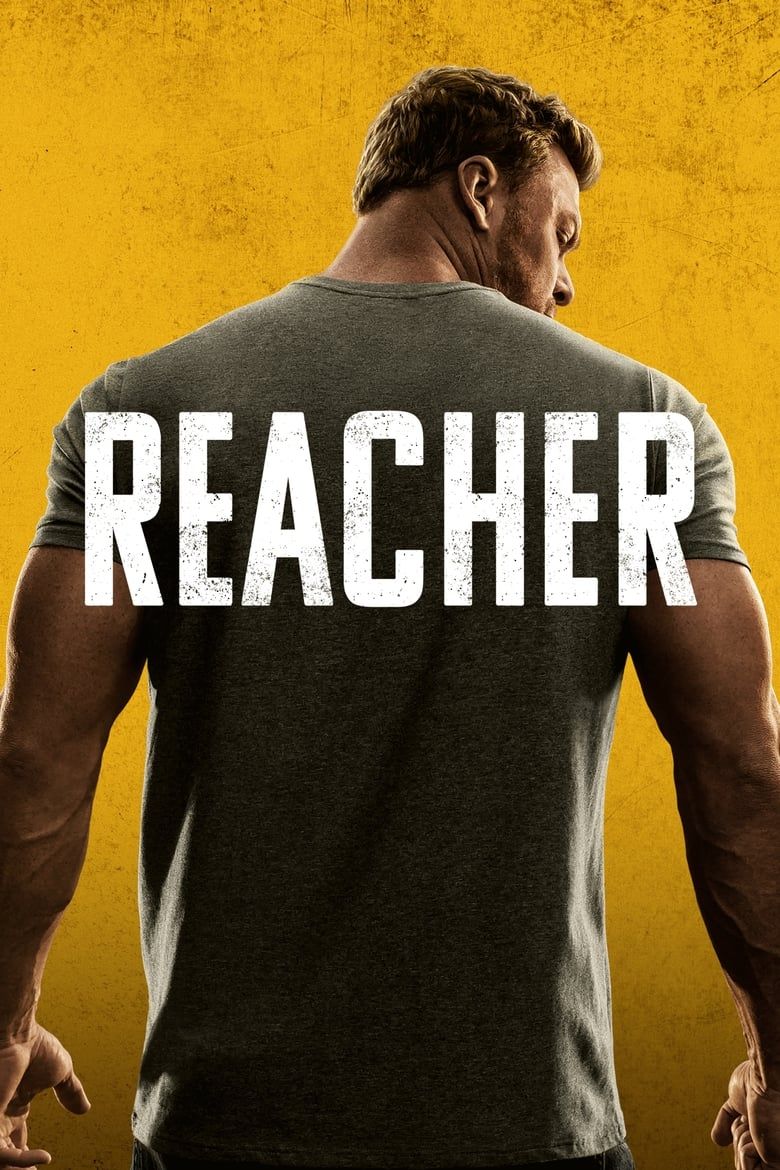 The cover of Reacher depicts Jack Reacher's (Alan Ritchson) from the back as he stands in front of a yellow screen on the cover of Reacher.