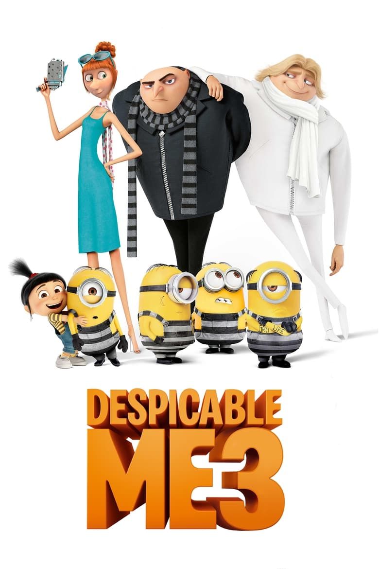 Pôster de Despicable Me 3 exibindo Gru, Dru, Lucy, Agnes e Minions