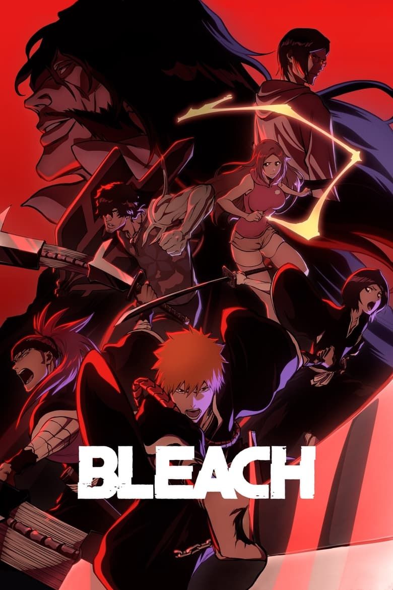 Ichigo Kurosaki has his sword drawn and pointed forward as other Bleach characters are depicted in various action poses on the anime's poster.