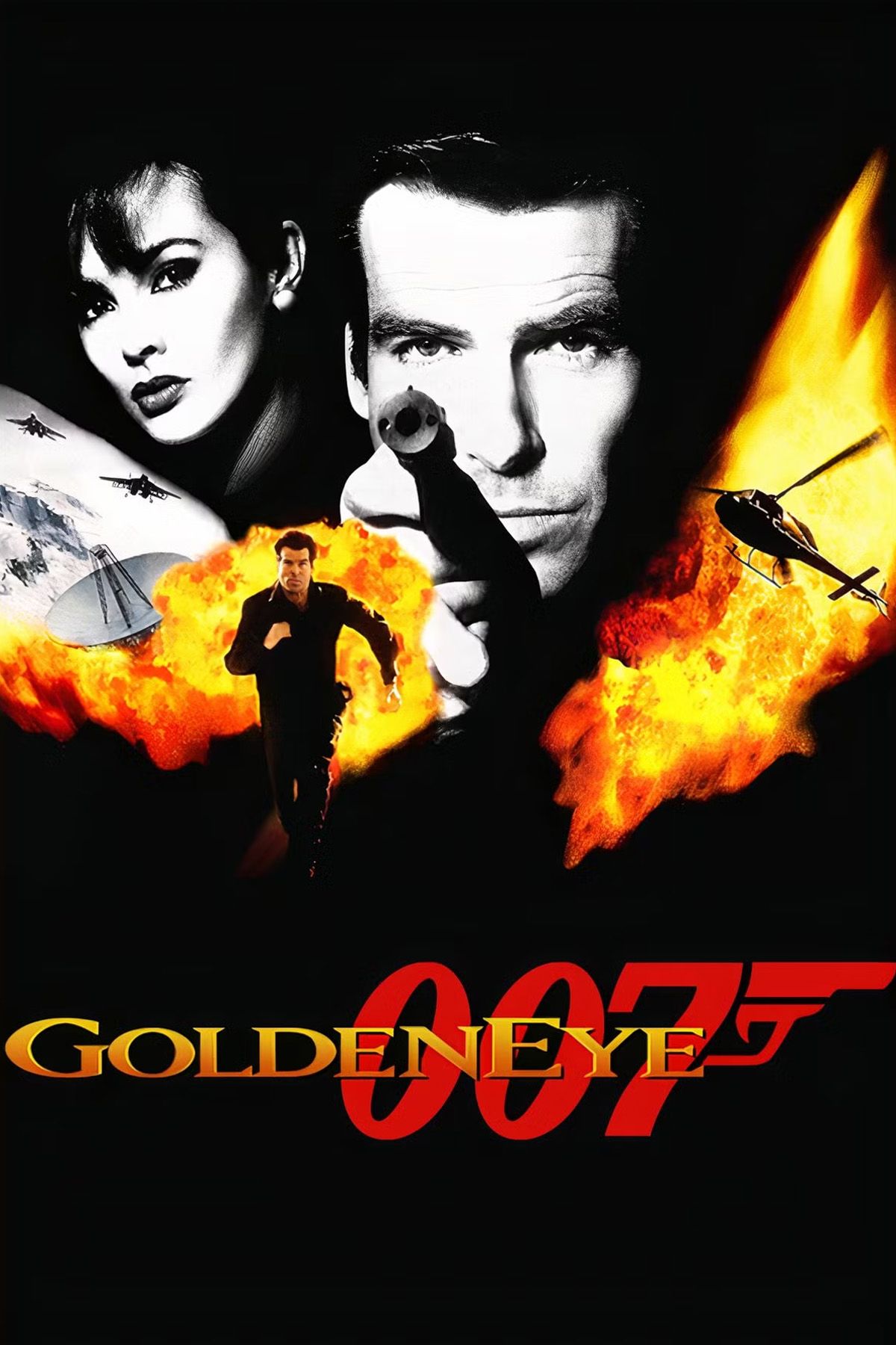 An image of Pierce Brosnan's James Bond holding a gun is depicted next to a woman, explosion and helicopter on the cover of GoldenEye 007.