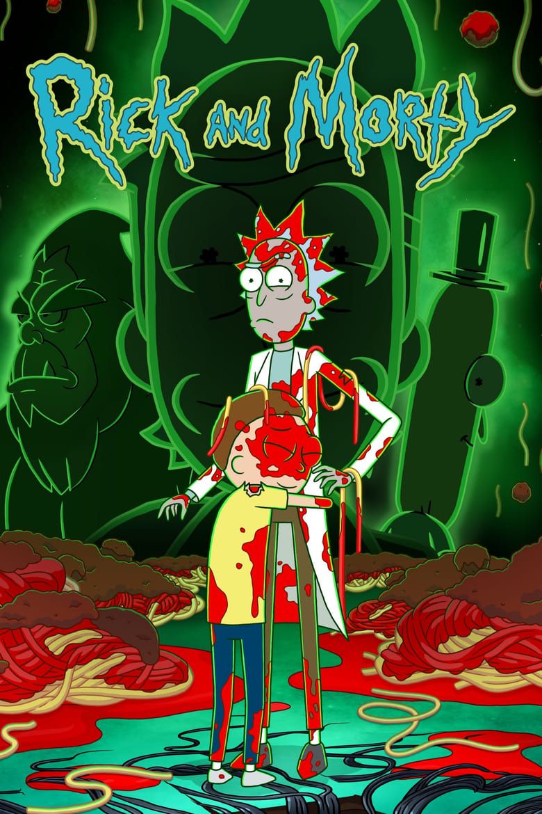 Un Morty Smith que explica en Spaghetti aprieta a Rick Sánchez, que se ve como espagueti, que se ve desconcertado, en el póster de Rick y Morty.