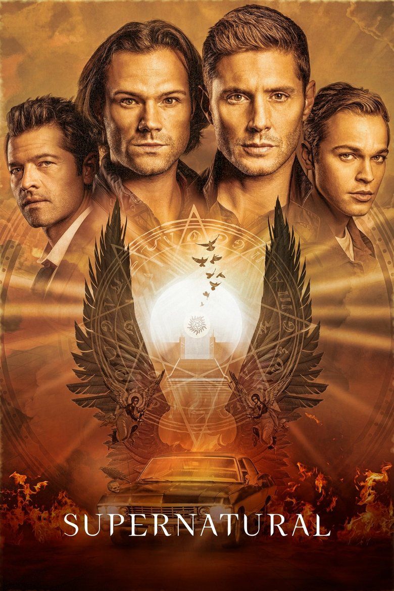 Images of Castiel (Misha Collins), Sam Winchester (Jared Padalecki), Dean Winchester (Jensen Ackles) and another supernatural character are represented above the angelic imagery on the show poster.