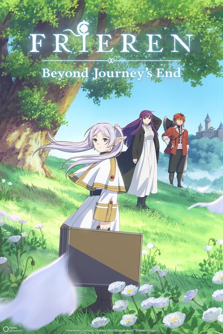 FRIREN holds a case and looks behind it while Fern and Stark await it in Friere: Beyond Journey's End.