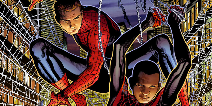 Peter Parker and Miles Morales in their Spider-Man outfits with webbing in the background.