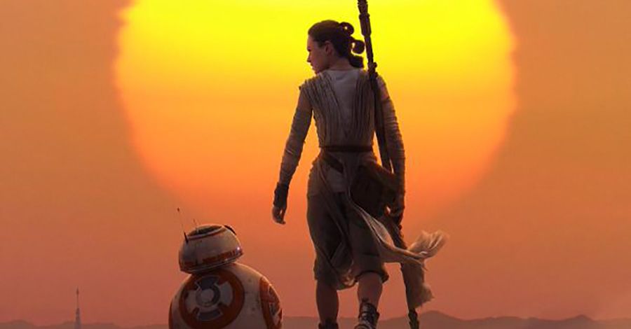 Rey Skywalker walks into the sunset with BB8 in Star Wars