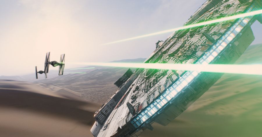 TIE Fighters shoot green lasers at the Millennium Falcon